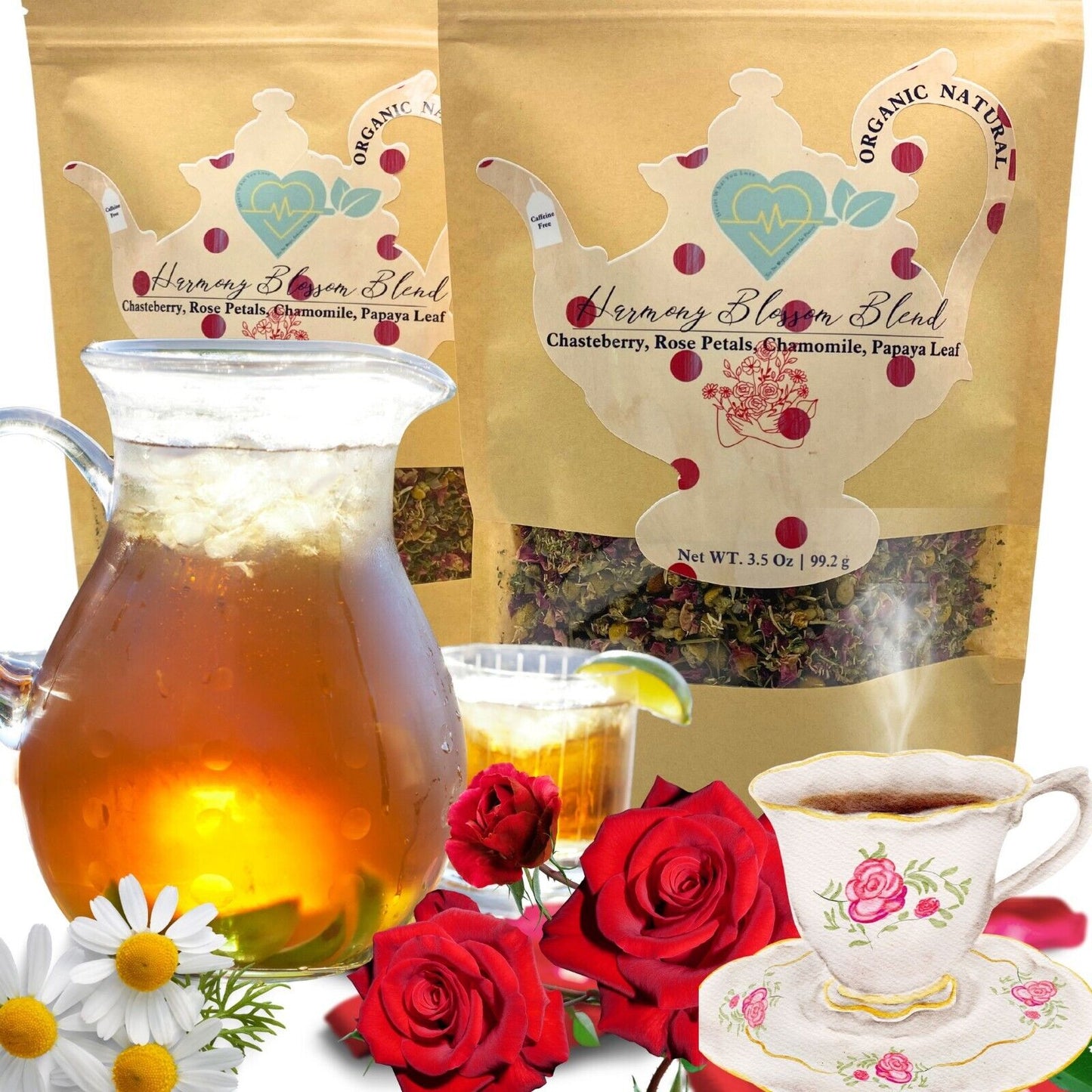 Chasteberry Rose Papaya Leaf Tea Blend - Loose Leaf Herbal Mix - 3.5 oz Natural