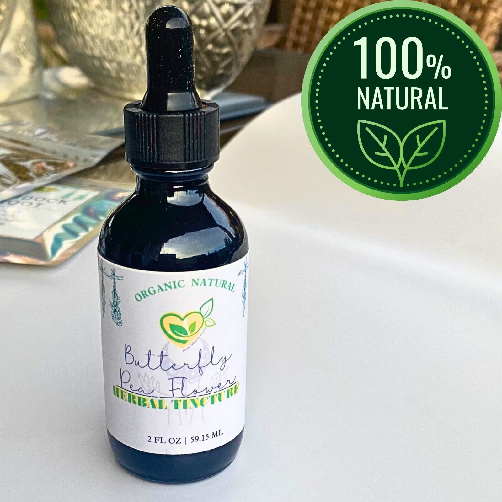Butterfly pea flower tincture product information image, Clitoria ternatea botanical identity guide