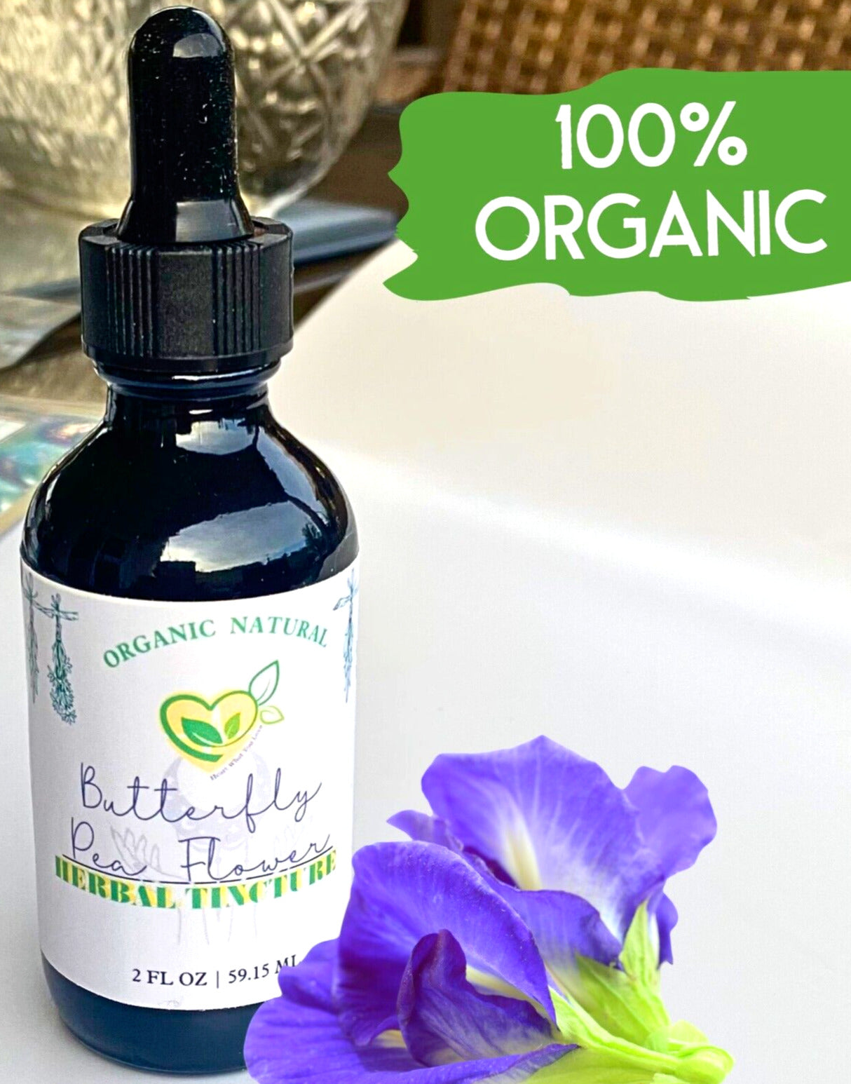 Butterfly pea flower tincture bottle, Clitoria ternatea organic liquid herbal extract, 2 fl oz