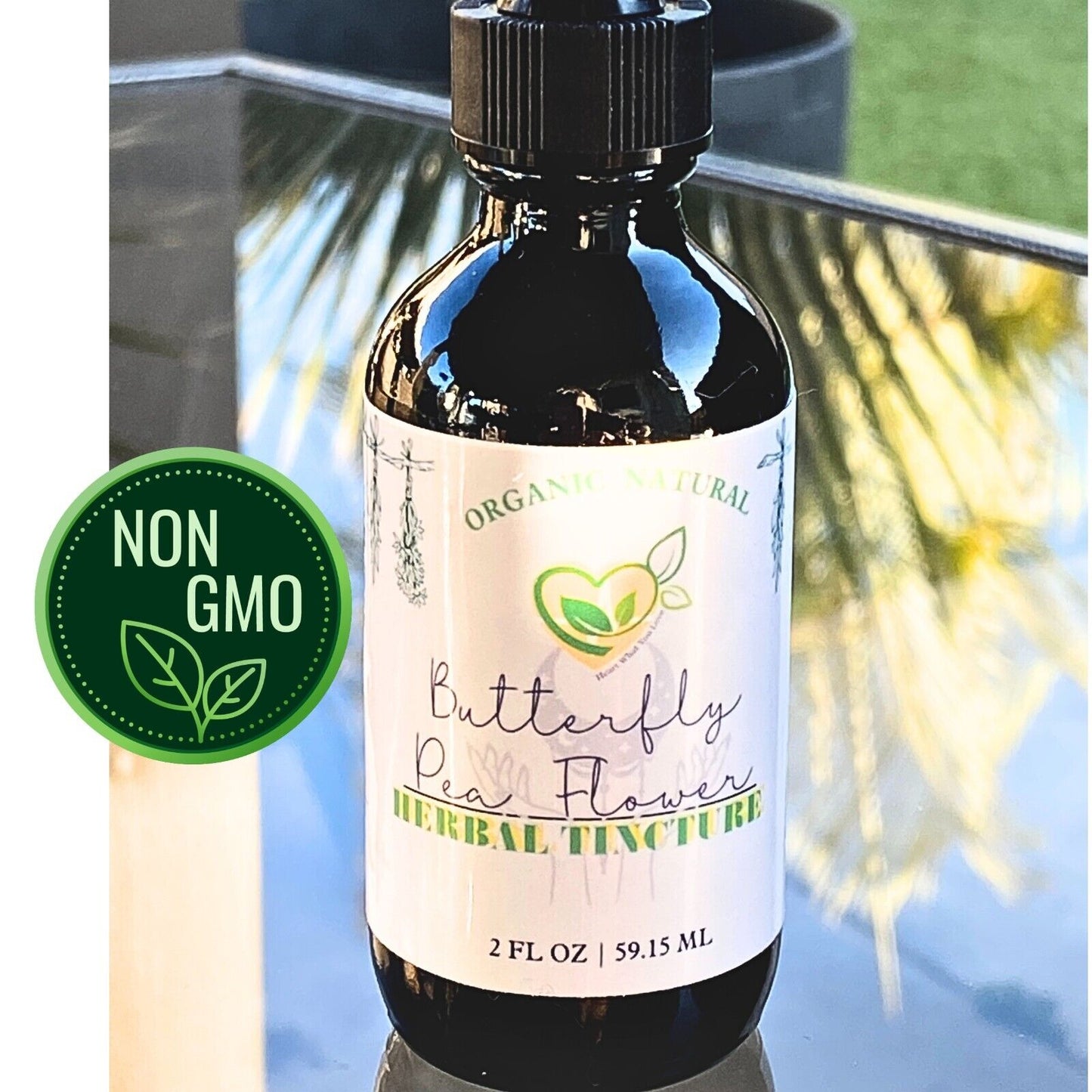 Butterfly pea flower tincture label, deep blue botanical liquid extract dropper bottle