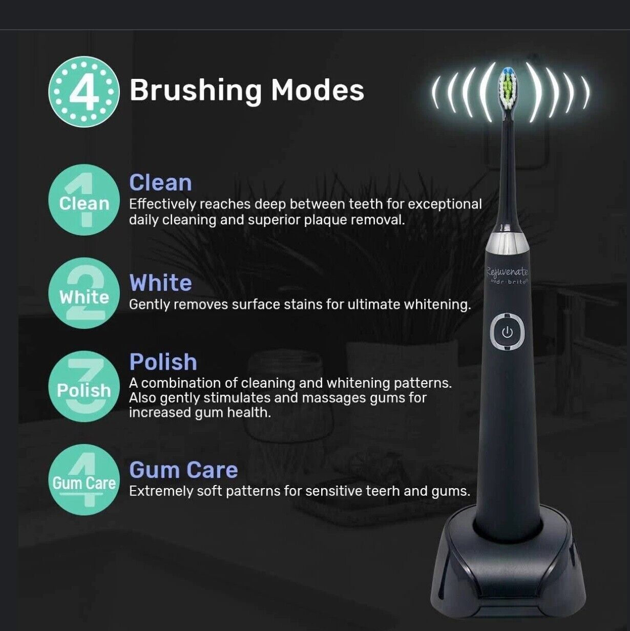 Dr Brite Sonic Electric Toothbrush 38K Strokes PerMin 4 Mode 3 Replacement Heads