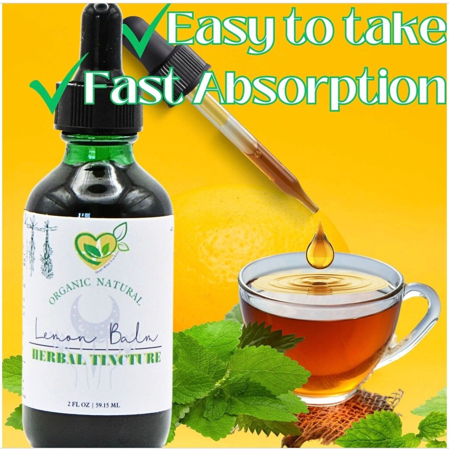Lemon Balm Tincture Power Liquid Herb Drops Organic Natural Calm 2 oz Bottle