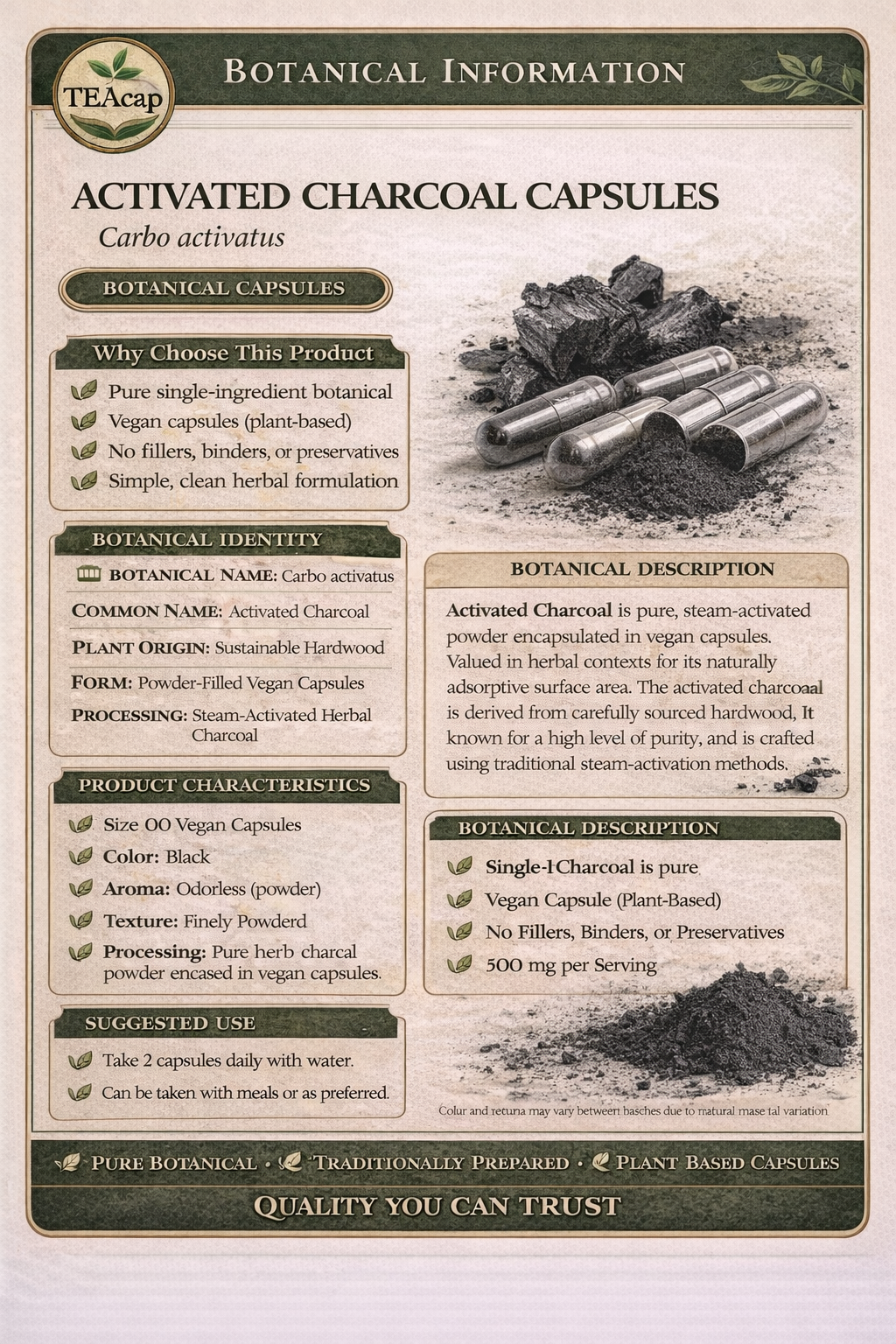 TeaCap Botanical Information card for Activated Charcoal Capsules with text and images.