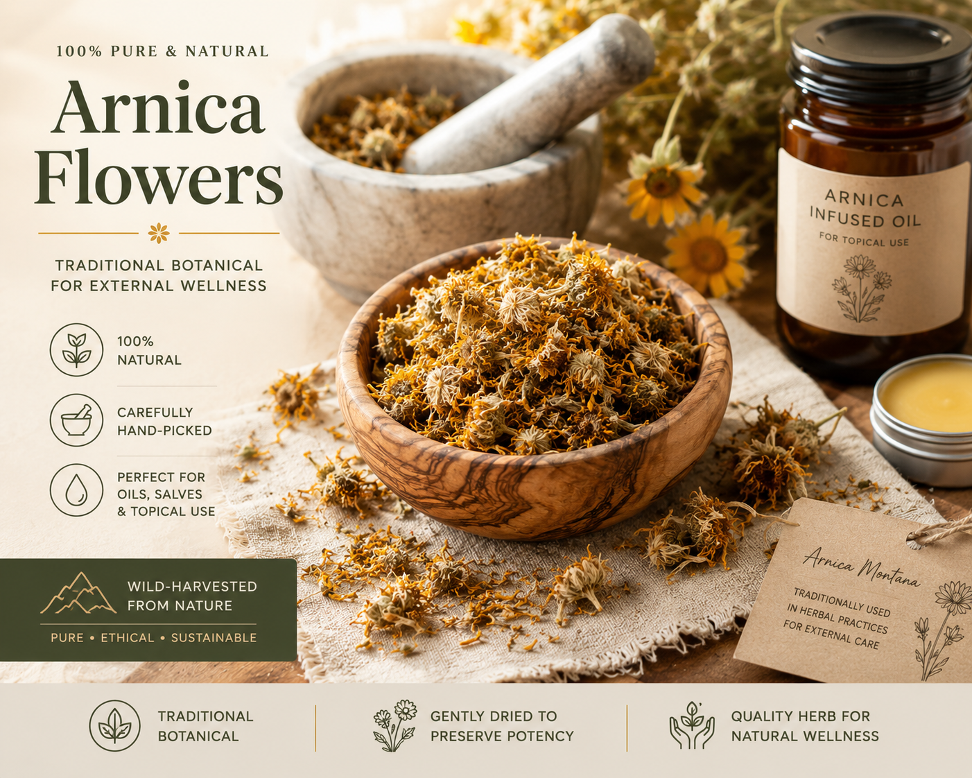 Arnica Flowers Whole or Powder | Arnica montana | 1 oz, 4 oz, 8 oz