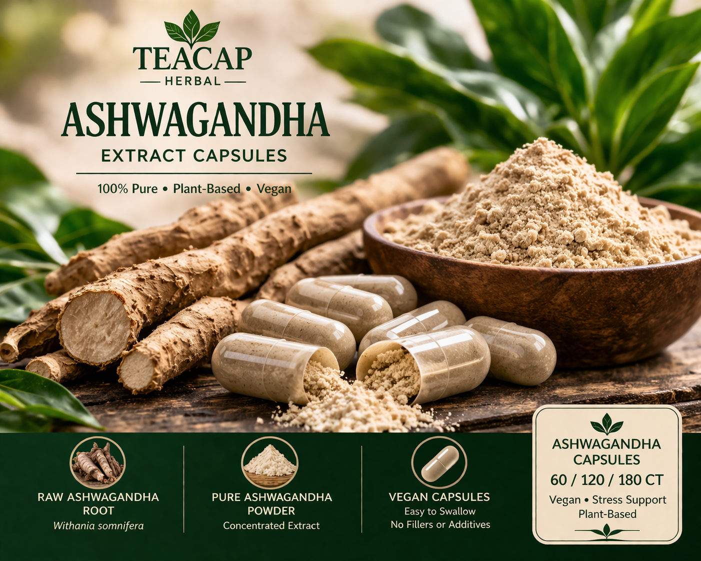 Ashwagandha Capsules, 60/120/180 Ct | Vegan, Plant-Based Herbal Supplement