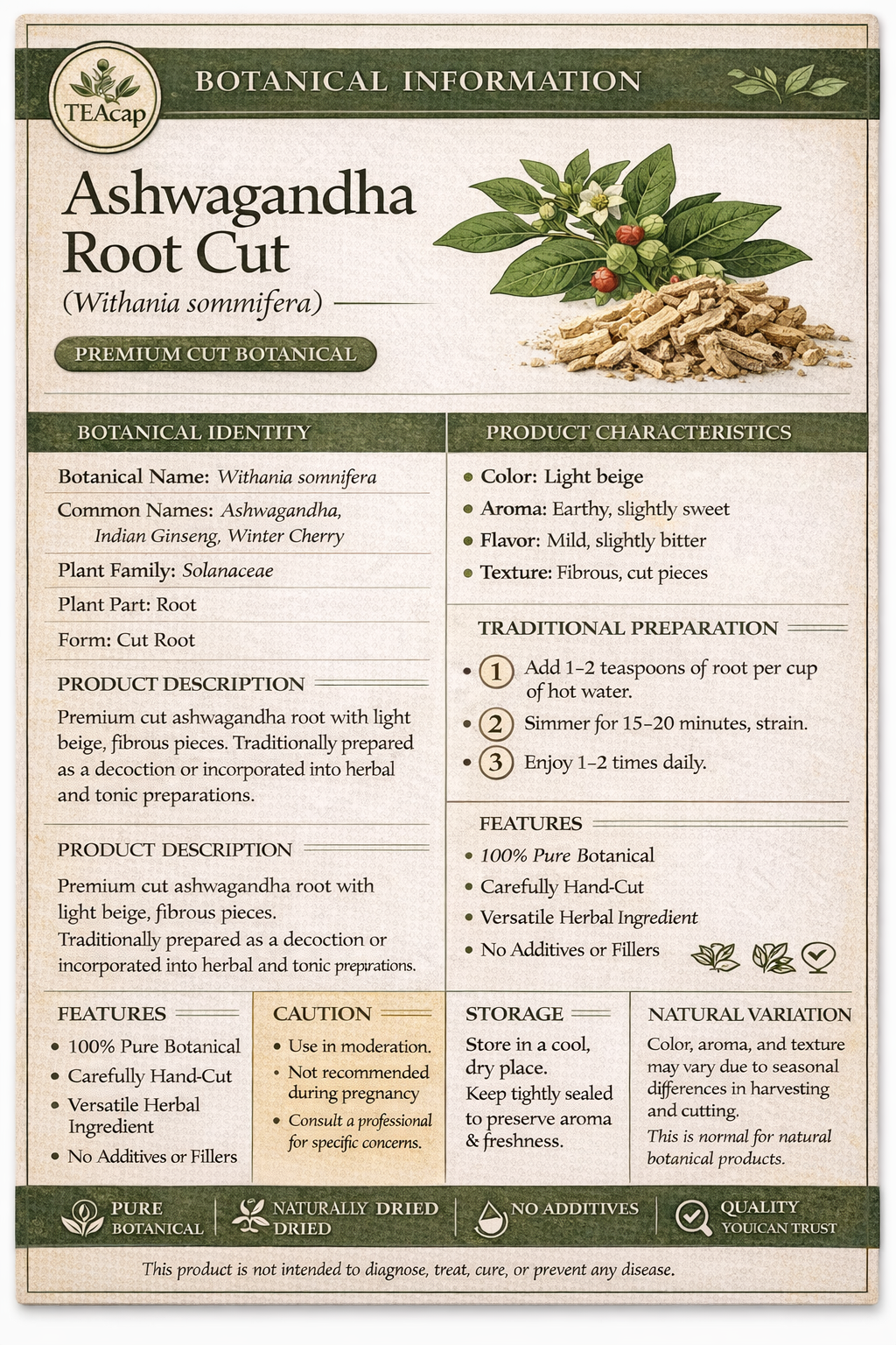 Ashwagandha Root Cut botanical information card, Withania somnifera root identity