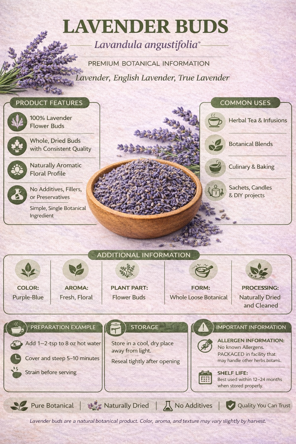 Lavender Flower Buds, Dried, USDA Organic, Kosher, 1 oz / 4 oz / 8 oz
