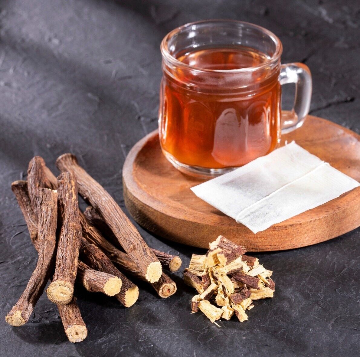 Licorice Root pieces close-up, dried organic Glycyrrhiza glabra root botanical
